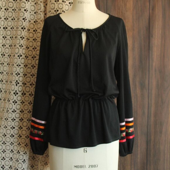 Vintage 1970s Blouse, R&K Black Peasant Top, Cottage Core, Folk Style - Picture 2 of 10